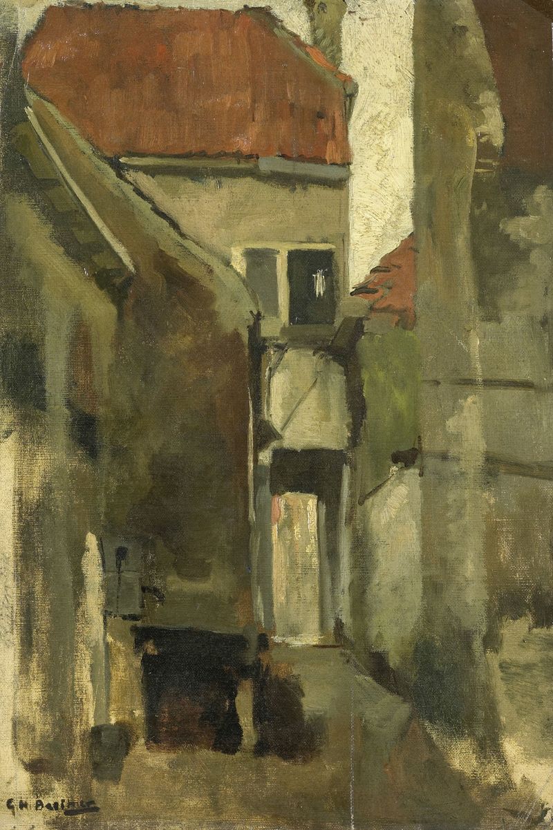 Escena de género que representa una calle adoquinada con figuras y luz solar de George Hendrik Breitner.