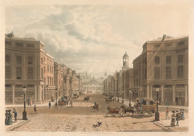 Regent Street, from Piccadilly de Thomas Hosmer Shepherd, óleo sobre tela retratando uma cena urbana movimentada.
