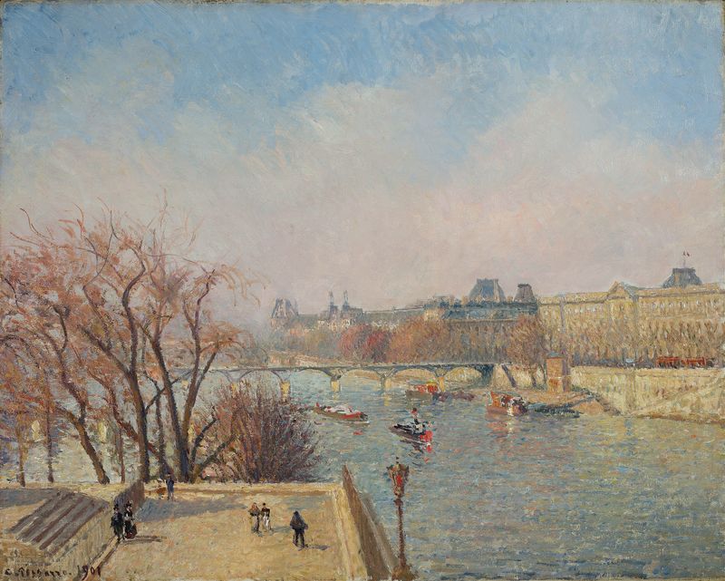 Pintura al óleo de Camille Pissarro que muestra el Louvre iluminado por la luz de la mañana.