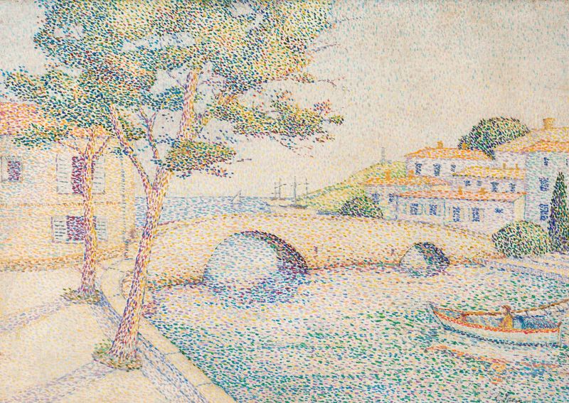 Impressionist landscape depicting a bridge over a river by Louis Gaidan