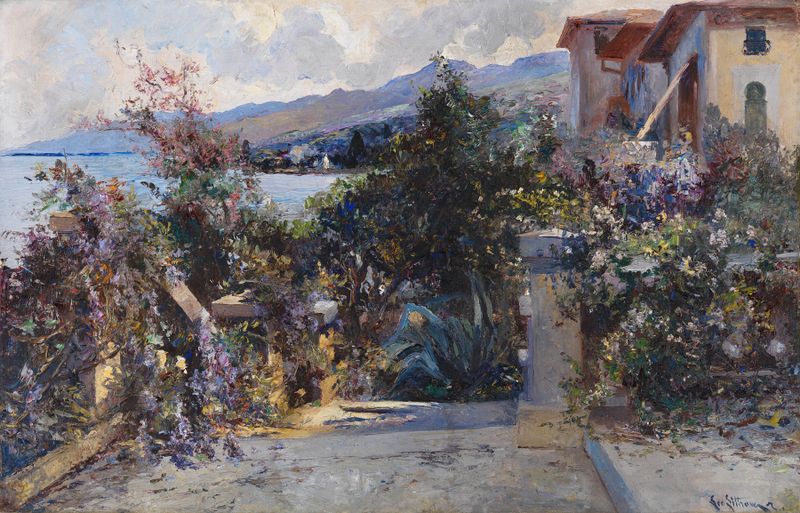 Marine scene of coastline and sunlight by Leontine von Littrow, oil painting