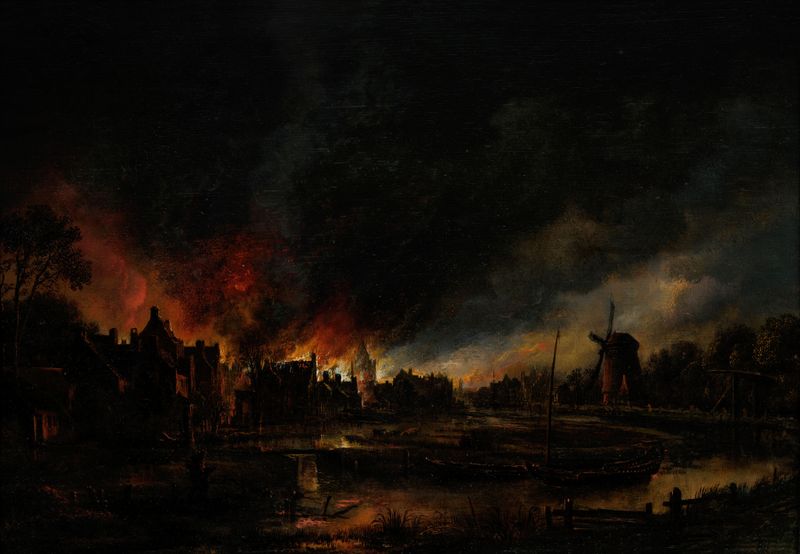Fire in a Village at Night de Aert van der Neer, pintura al óleo que muestra llamas iluminando un cielo oscuro.