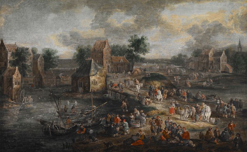 Market Day by Adriaen Frans Boudewijns, genre scene depicting a lively marketplace, oil painting.