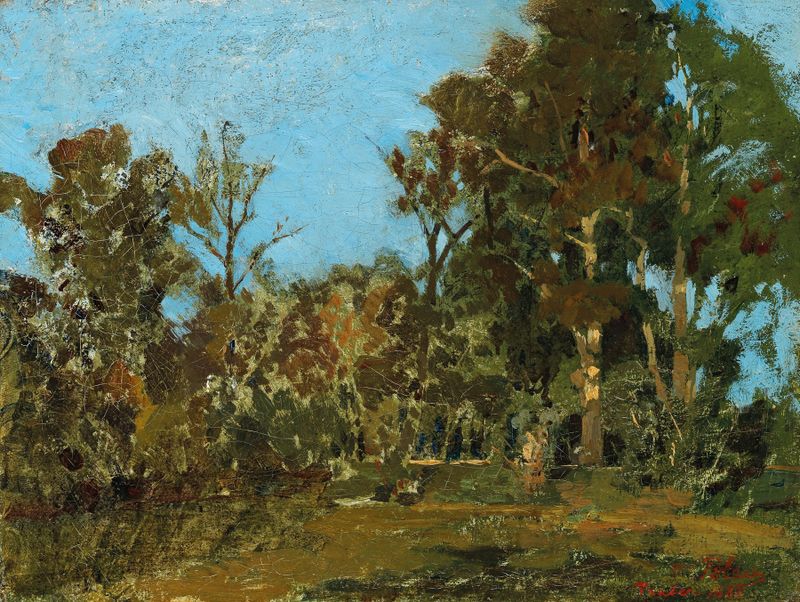 Prater Landscape by Tina Blau, oil on canvas depicting a tranquil horizon and expansive nature.