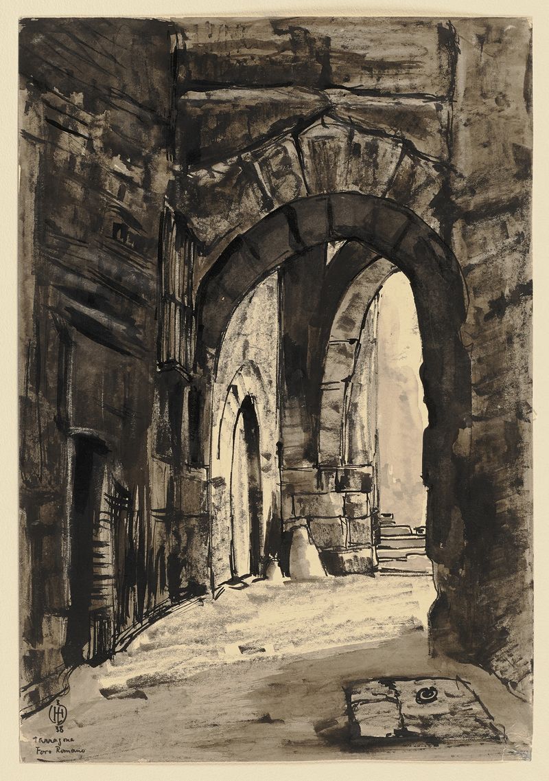 Das Forum Romanum en Tarragona de Hermann Lismann, óleo sobre lienzo que muestra arquitectura vibrante.
