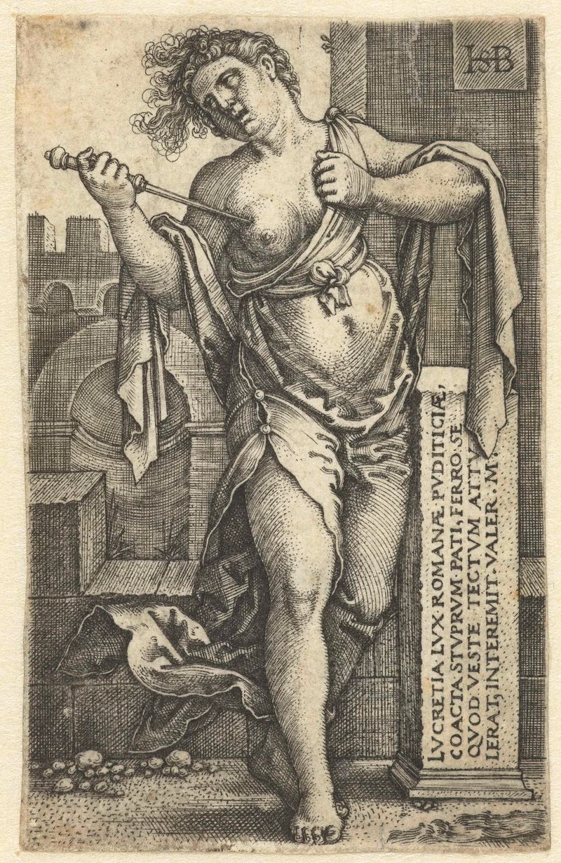 Grabado de Hans Sebald Beham que representa a Lucretia en desesperación