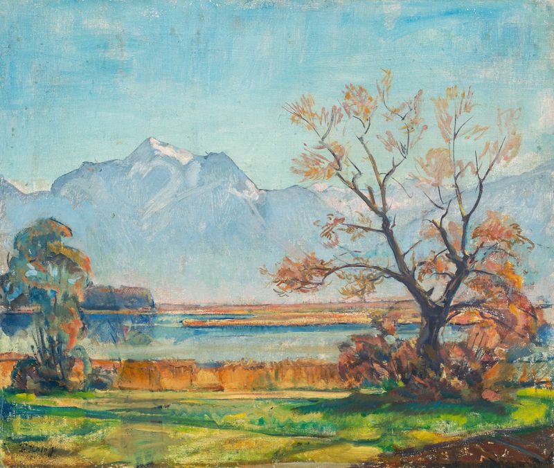 Paisaje de otoño con reflejos en el lago, pintura al óleo de Paul Roloff