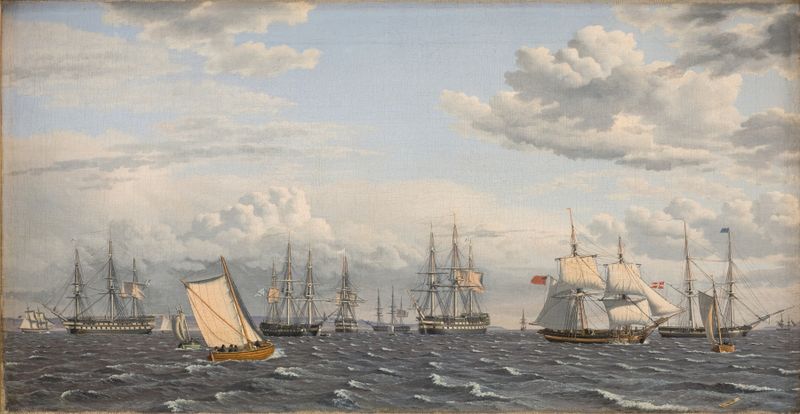 A Russian Fleet at Anchor near Elsinore de Christoffer Wilhelm Eckersberg, pintura a óleo que mostra barcos ancorados em á...