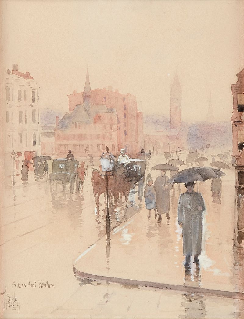 Rainy Day, Columbus Avenue, Boston, óleo sobre lienzo de Childe Hassam