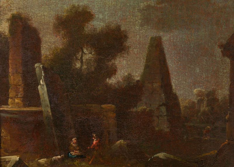 Landscape with ruins and an obelisk by Franz Thomas Canton, oil painting