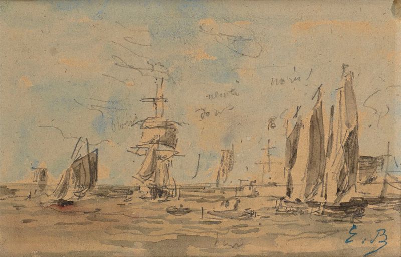 Escena marina con barcos en un puerto, óleo de Eugène Boudin