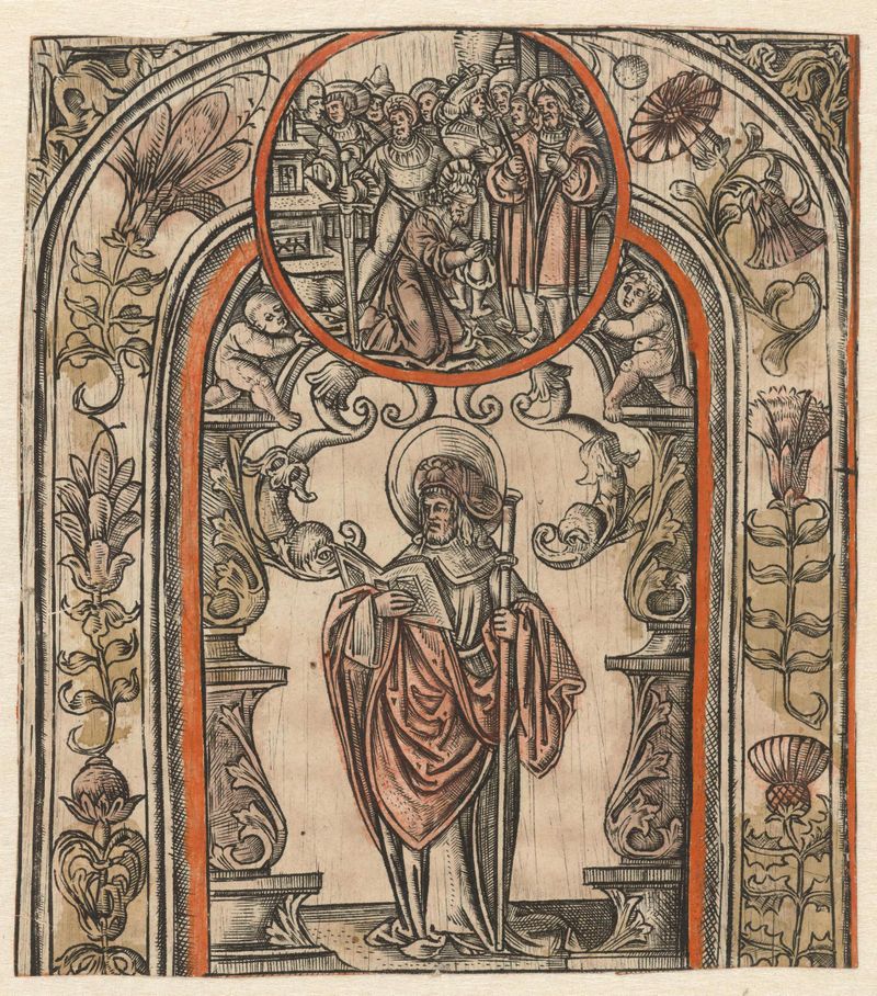 Engraving by Allaert Claesz depicting Saint James Major in rich garments