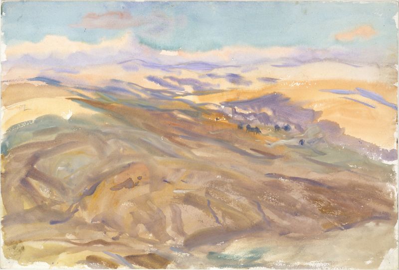 Paisaje al atardecer de John Singer Sargent, óleo sobre lienzo, con colores vibrantes y sombras profundas.