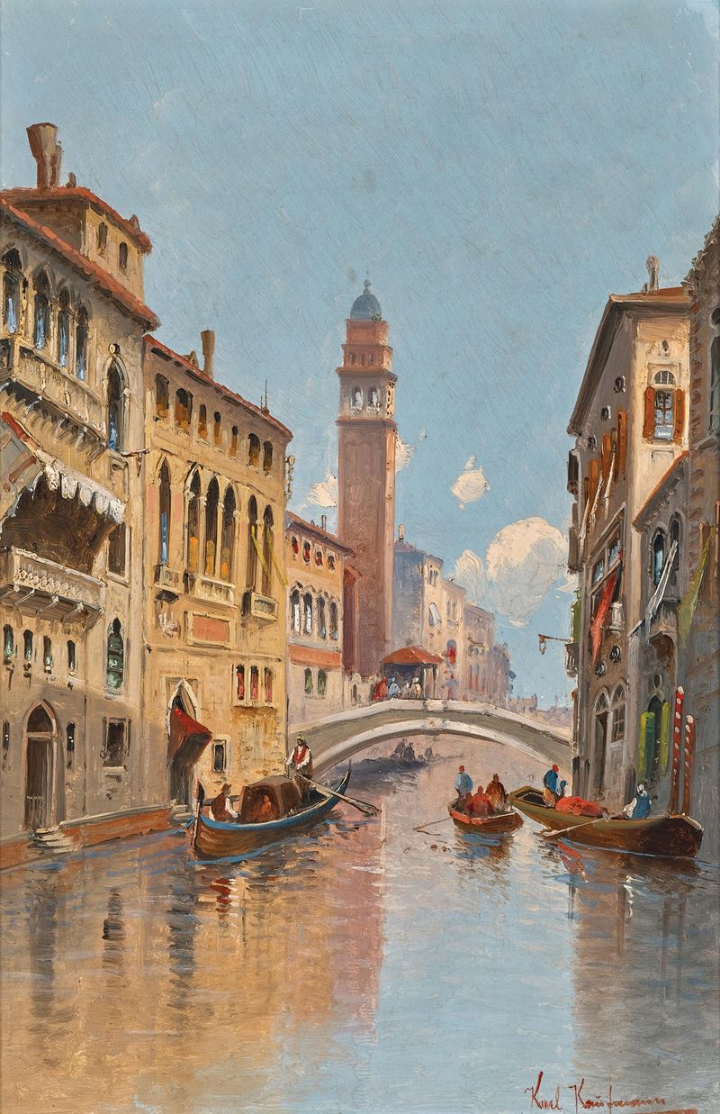 Venecia, una Vista de un Canal de Karl Kaufmann, pintura al óleo que representa una escena serena de un canal.