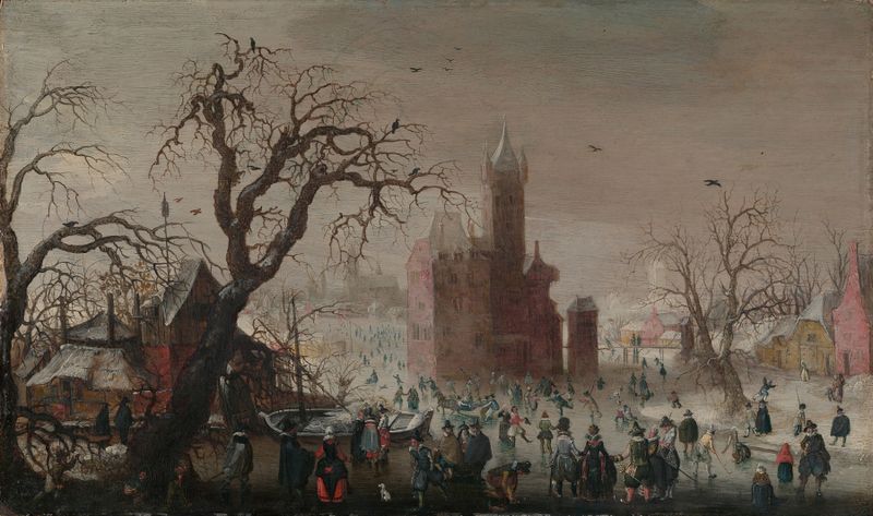 Winter landscape with ice skaters and an imaginary castle, oil painting by Christoffel van den Berghe.