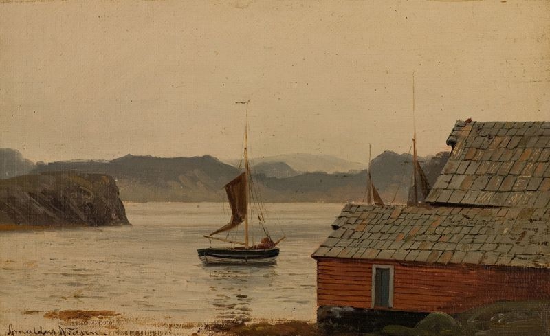 Fjordstudie de Amaldus Nielsen, óleo sobre lienzo que representa un fiordo bajo un cielo dramático.