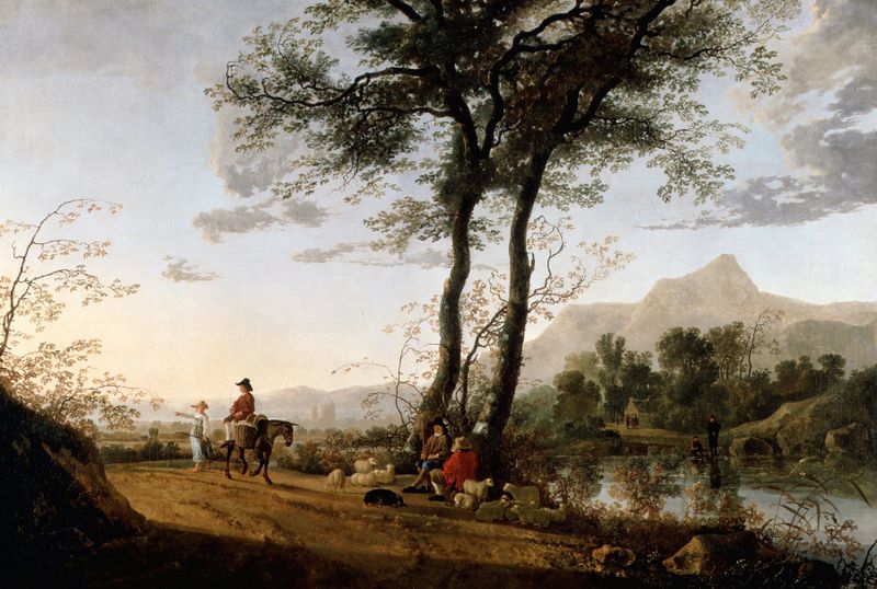 Paisagem com um rio e luz dourada, pintura a óleo de Aelbert Cuyp.