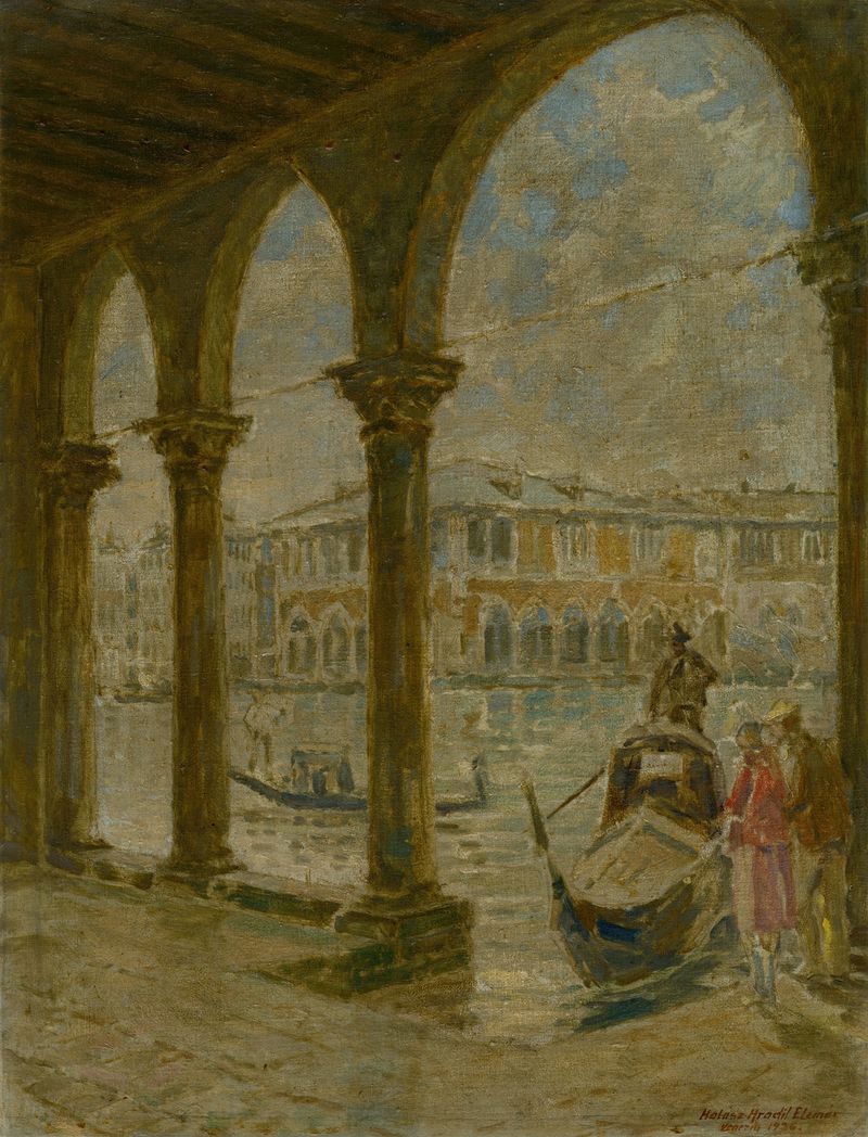 Paisaje de Venecia de Elemír Halász-Hradil, óleo sobre lienzo, mostrando el crepúsculo y la arquitectura