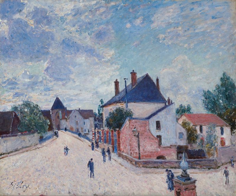 Rua em Moret de Alfred Sisley, óleo sobre tela representando um caminho de vila com árvores.