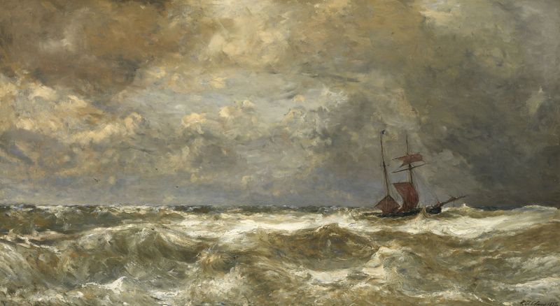Stormy Sea de Paul Jean Clay, pintura al óleo que representa olas turbulentas y nubes de tormenta.