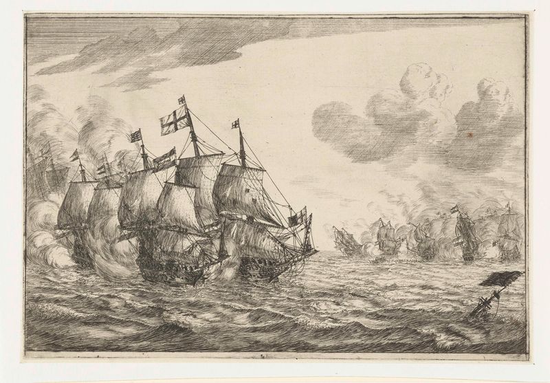Grabado de Reinier Nooms que representa barcos en el mar y el horizonte