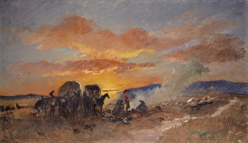 Campfire at Sunrise in the Laramie Plains by Frank Buchser, oil painting depicting a sunrise landscape.