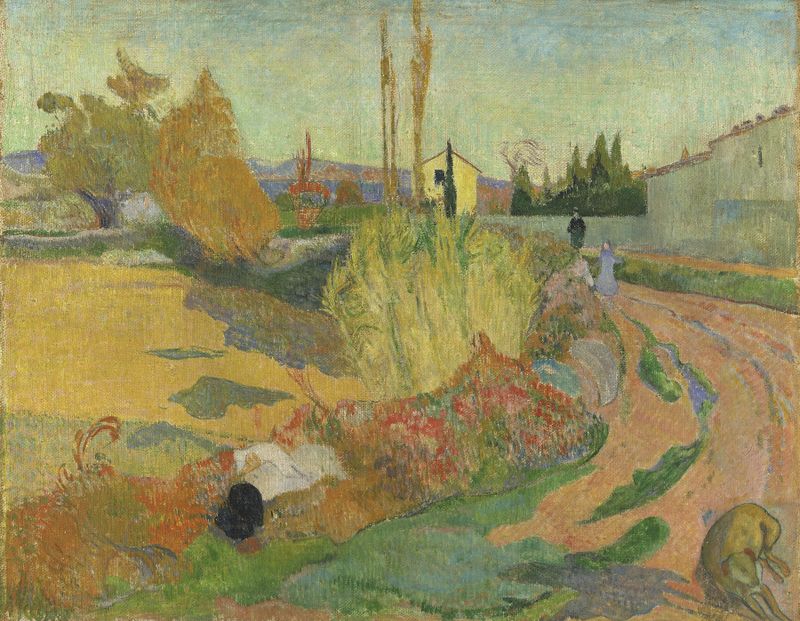 Paisaje óleo de Paul Gauguin con colores vibrantes y luz solar.