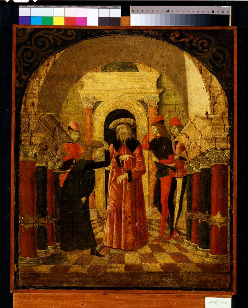 Youth Saluting a King, temple sobre panel de Marco Zoppo, que representa a un joven saludando a un rey.