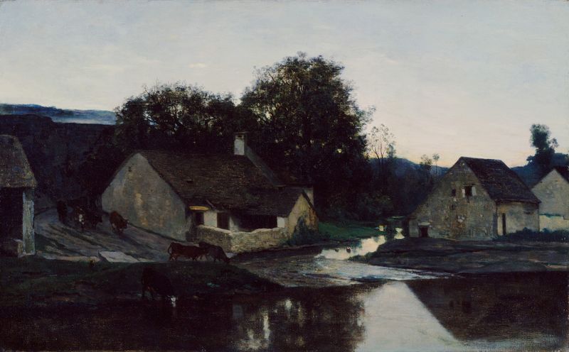 O Hamlet de Optevoz, óleo sobre tela de Charles François Daubigny, retratando uma paisagem serena de rio.