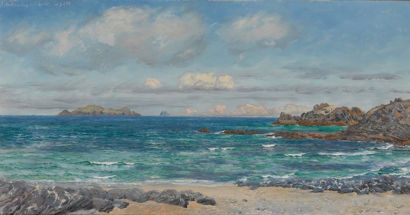 Newtrain Bay e Gull Island, Cornwall, óleo sobre tela de John Brett