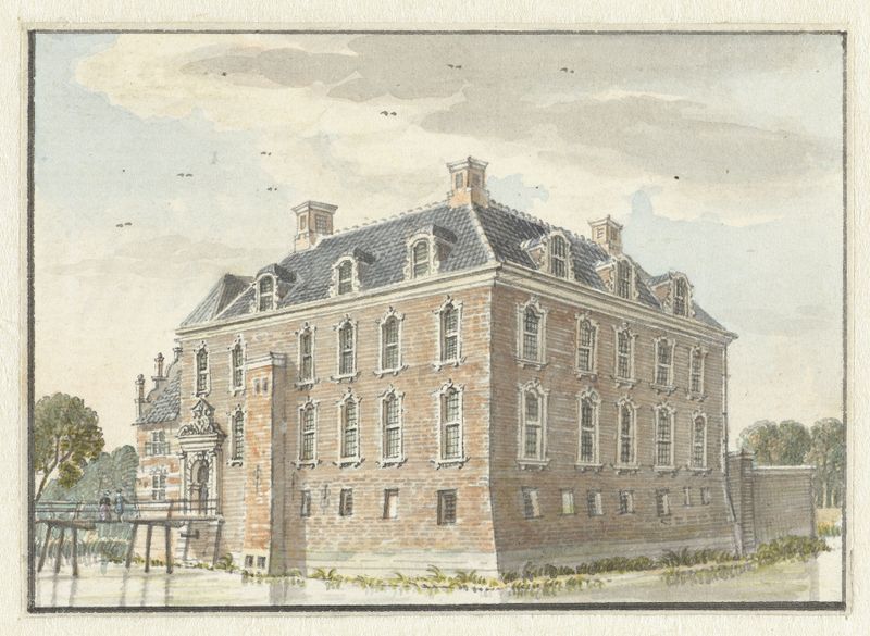 Het Huis te Baek by Jan de Beijer, etching of a house illuminated by light and surrounded by trees.