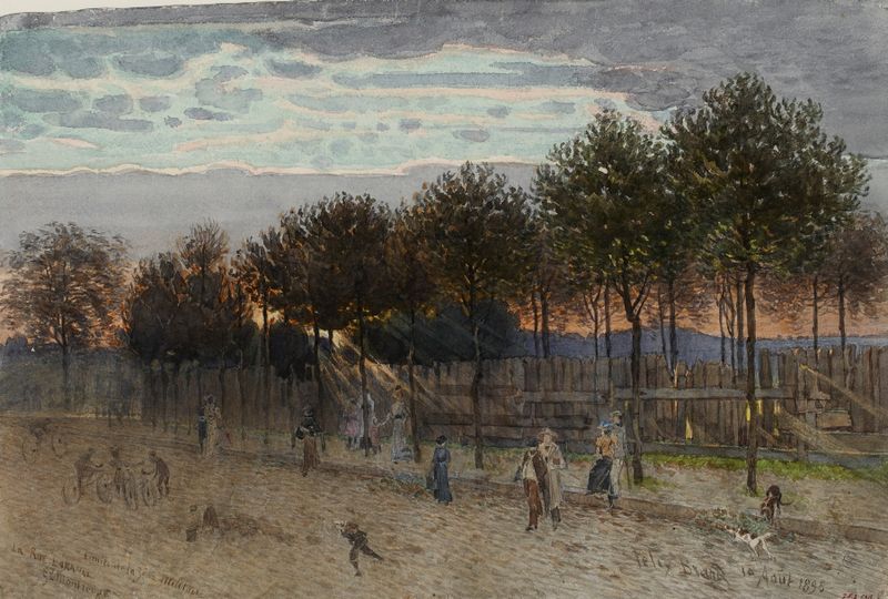 Vue de la rue Lakanal au Grand Montrouge, óleo sobre tela de Félix Brard retratando uma cena de rua animada.