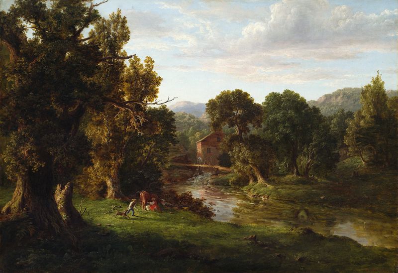 The Old Mill de George Inness, óleo que muestra un molino rústico rodeado de árboles y follaje.