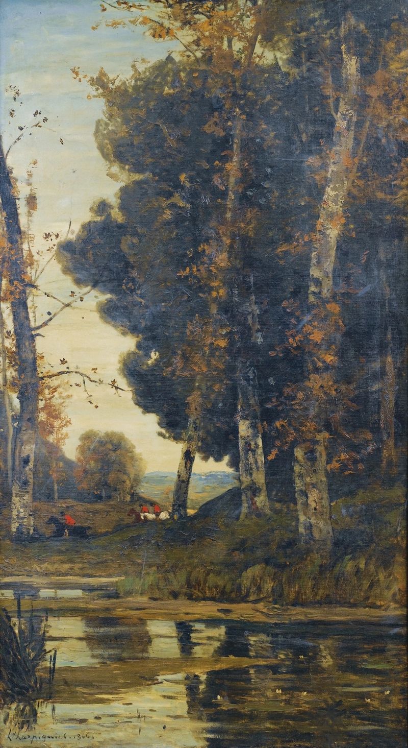 Scène de chasse à courre de Henri-Joseph Harpignies, cazadores en un bosque, óleo