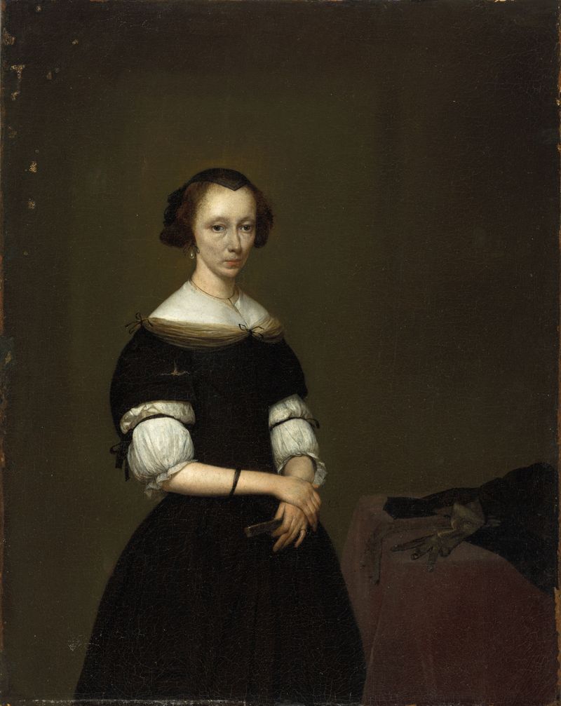 Retrato de uma Dama de Gerard Terborch, óleo sobre tela, apresentando uma mulher em um vestido elegante com pérolas.