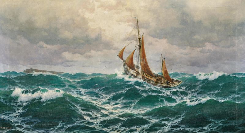 Seascape featuring a fisherman casting his line, by Max Jensen, oil painting.