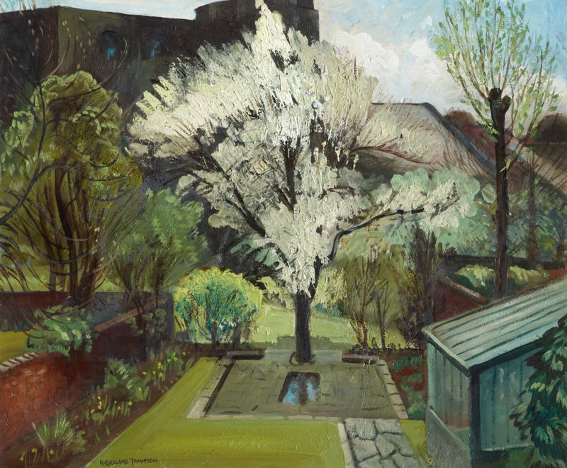 Oil on canvas by Robert Kirkland Jamieson depicting a woman in a garden with flowers.