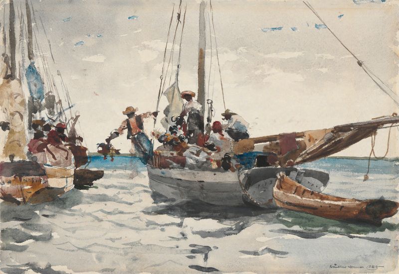 Cena de gênero de um mercado movimentado com vendedores e peixes, pintura a óleo de Winslow Homer
