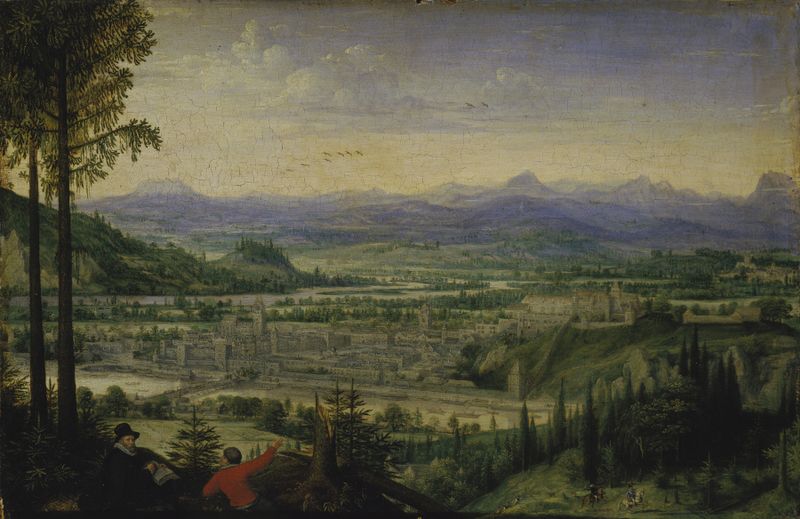 View of Linz with Artist Drawing in the Foreground, oil painting by Lucas van Valckenborch