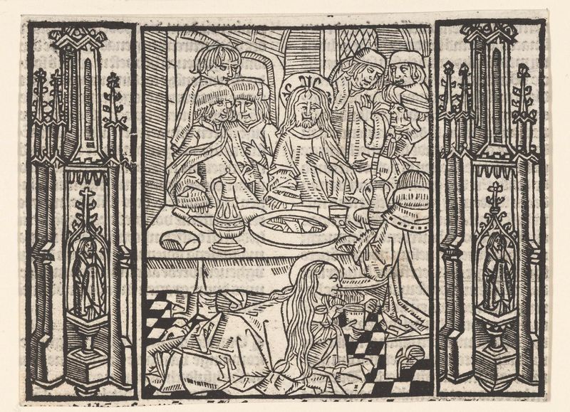 Religious scene depicting a banquet with figures at a table, paper by Master of Delft