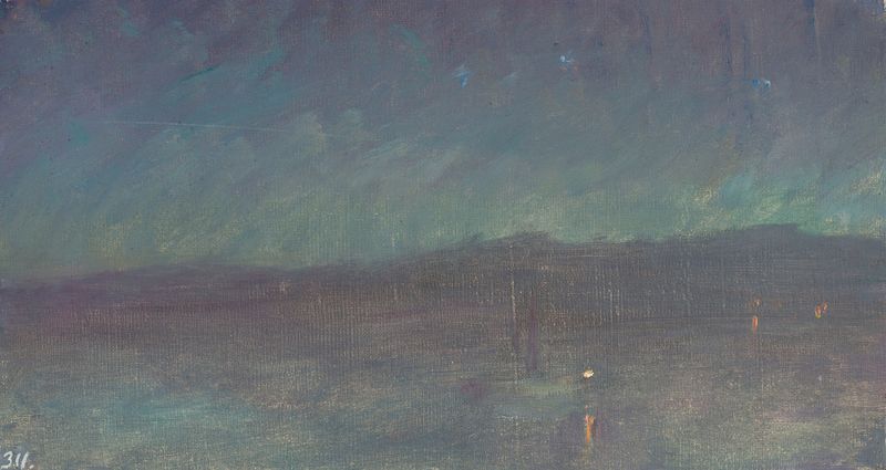 Noche en el mar, pintura al óleo de Jan Ciągliński, con olas oscuras y una luna luminosa.