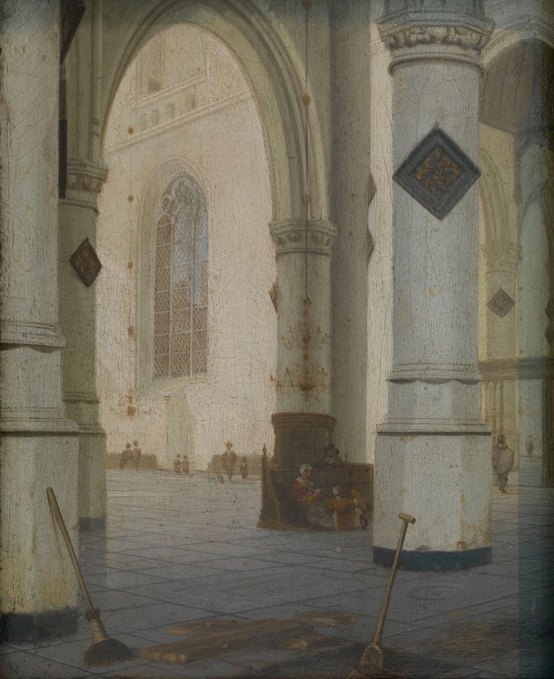 Interior of a church with stained glass and light by Hendrick Cornelisz. van Vliet