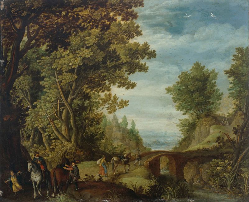 Wooded landscape with travelers crossing a bridge, oil painting by Adriaen van Stalbemt