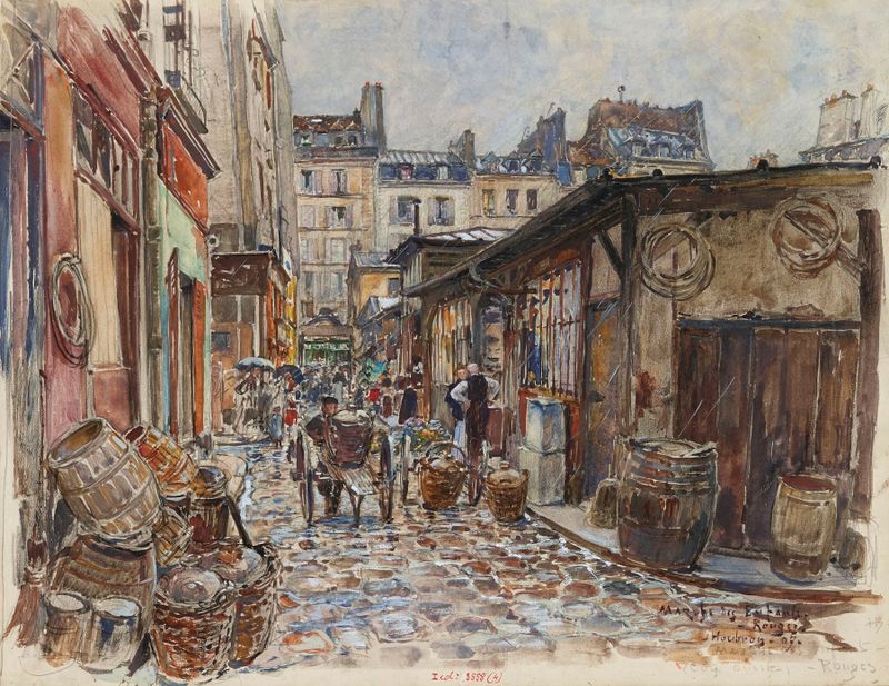 Escena de género de un mercado bajo la lluvia, pintura al óleo de Frédéric Houbron