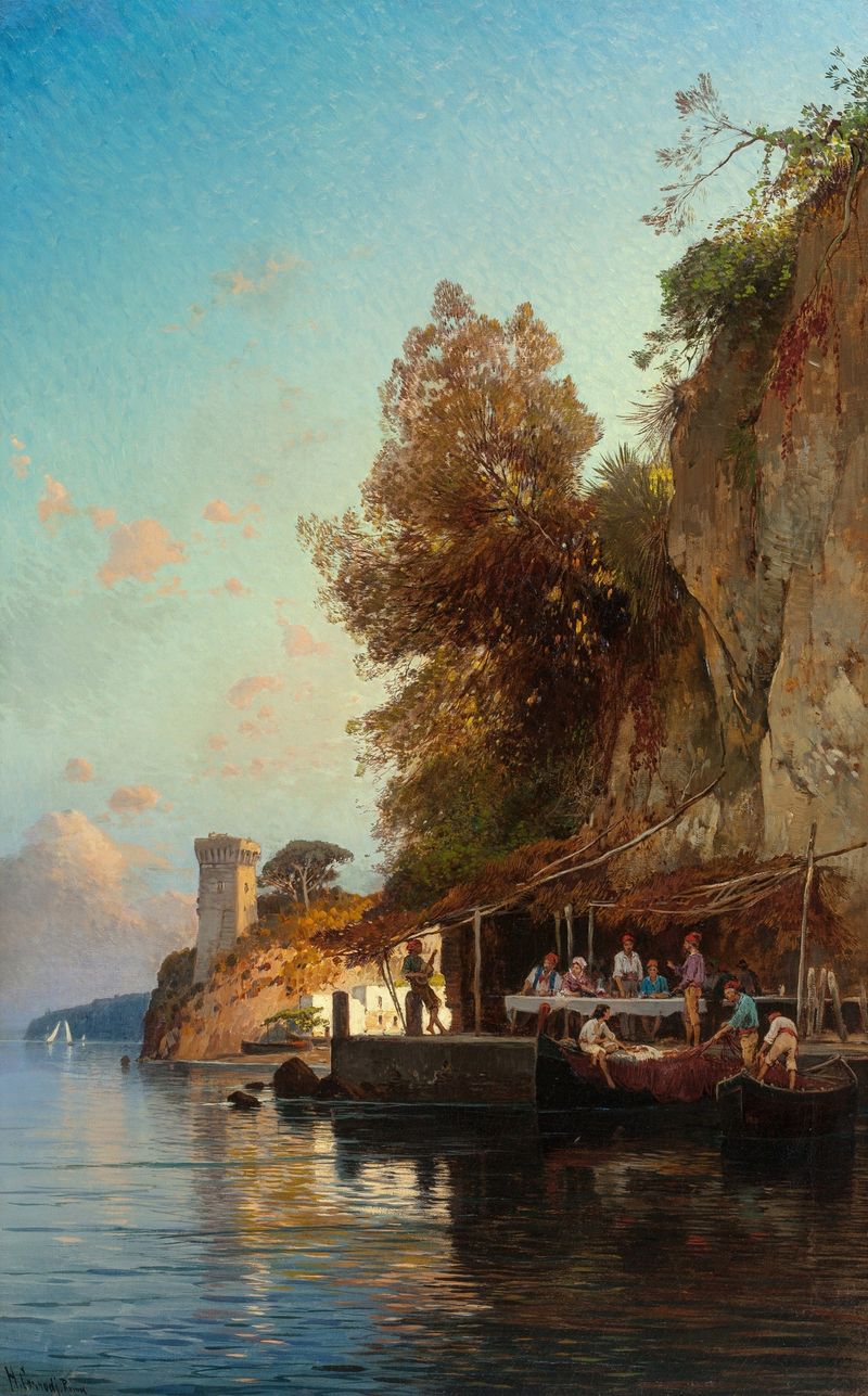 Refuge by the Sea, pintura a óleo de Hermann David Salomon Corrodi, retratando figuras em uma costa serena.
