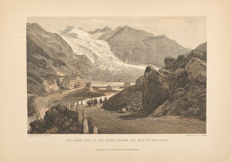 The Lower Part of the Rhone Glacier and Road to Furka by Theodor Gsell Fels, oil painting
