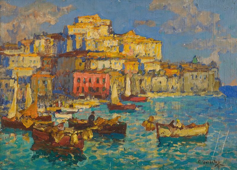 The Harbour At Naples by Konstantin Ivanovich Gorbatov, oil on canvas depicting a marine scene with boats and a tranquil sky