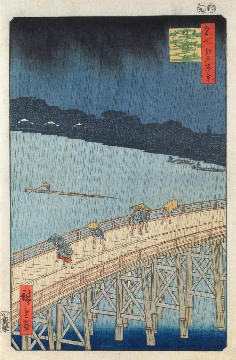 Ukiyo-e by Utagawa Hiroshige depicting a rain scene over a bridge