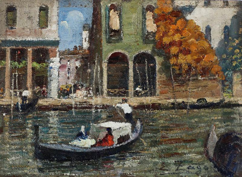 Venezia de Erma Zago, impresionismo, representando un atardecer sobre el agua