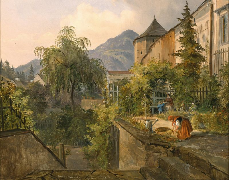 A Garden Idyll de Ludwig Halauska, mostrando una pareja en un jardín, medio desconocido.